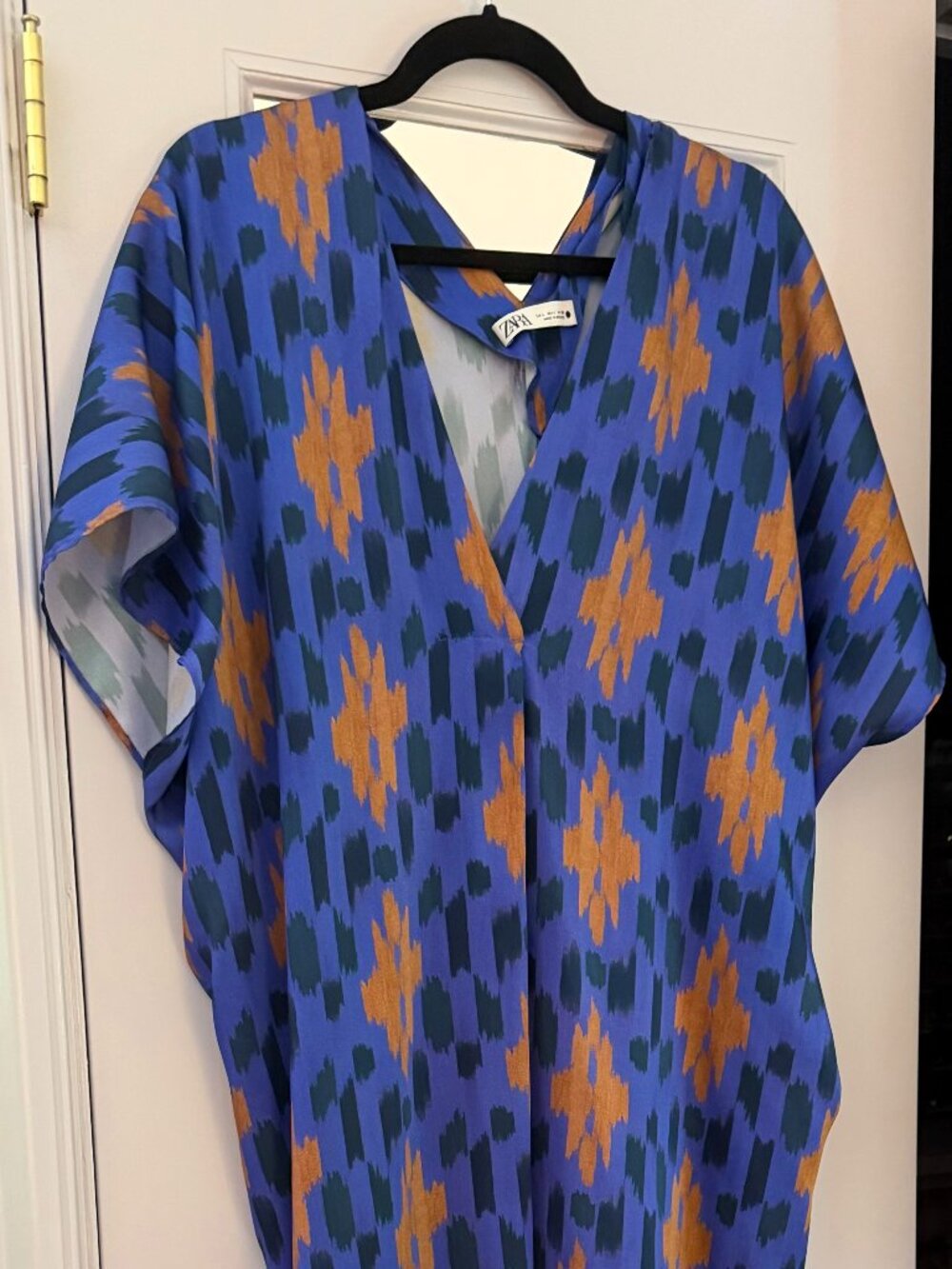 Zara Satin Effect Blue and Brown Ikat Kaftan, size Large